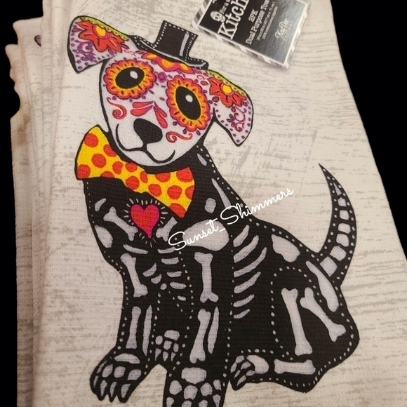 2pc Halloween SUGAR SKULL DOG Day of The Dead Kitchen Towel SET New - Picture 3 of 5